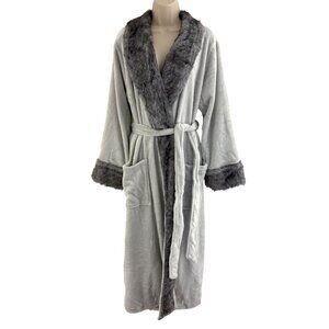 Soma Gray New Luxe Plush Faux Fur Long Robe w/Tie Pockets Size L/XL Cozy Lounge
